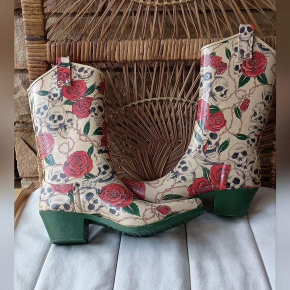 Floral Skull Print Women's Cowboy Rain Boots_11 - Picture 6 of 8